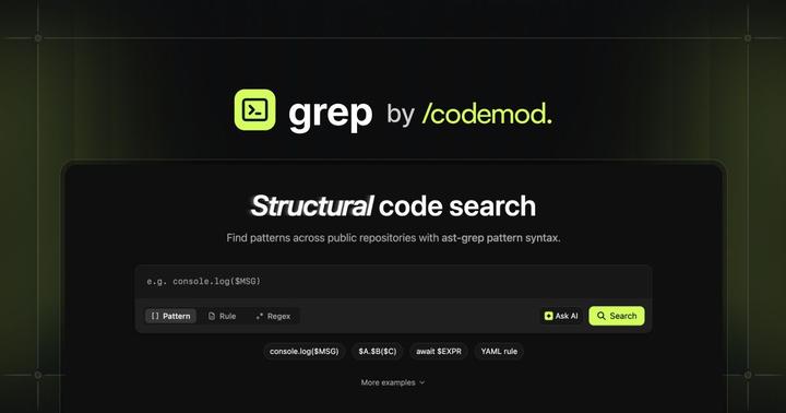 Structural code grep across public GitHub repositories