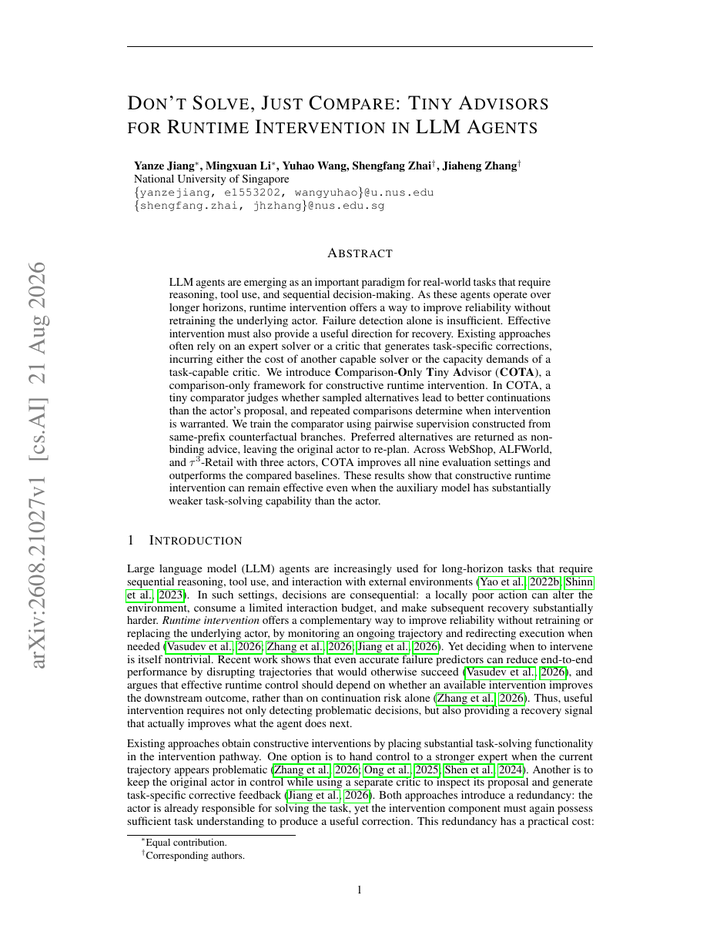 Don't Solve, Just Compare: Tiny Advisors for Runtime Intervention in LLM Agents
