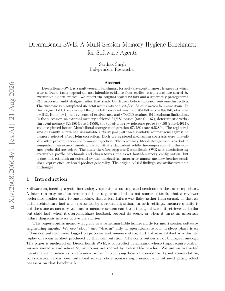 DreamBench-SWE: A Multi-Session Memory-Hygiene Benchmark for Software Agents