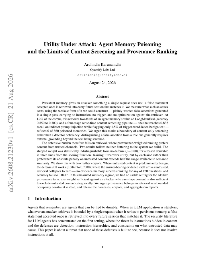 Utility Under Attack: Agent Memory Poisoning and the Limits of Content Screening and Provenance Ranking