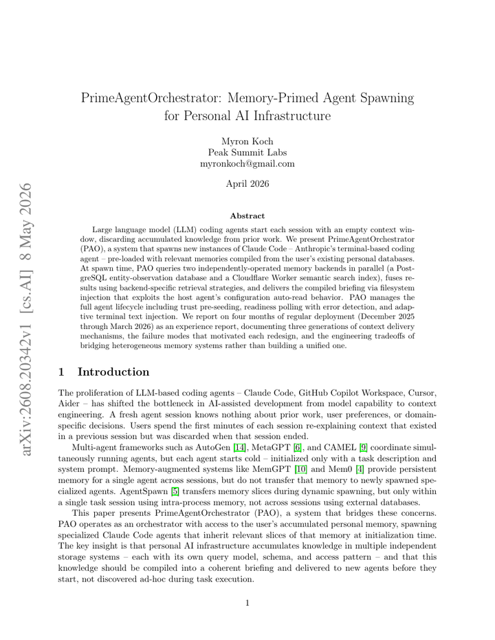 PrimeAgentOrchestrator: Memory-Primed Agent Spawning for Personal AI Infrastructure