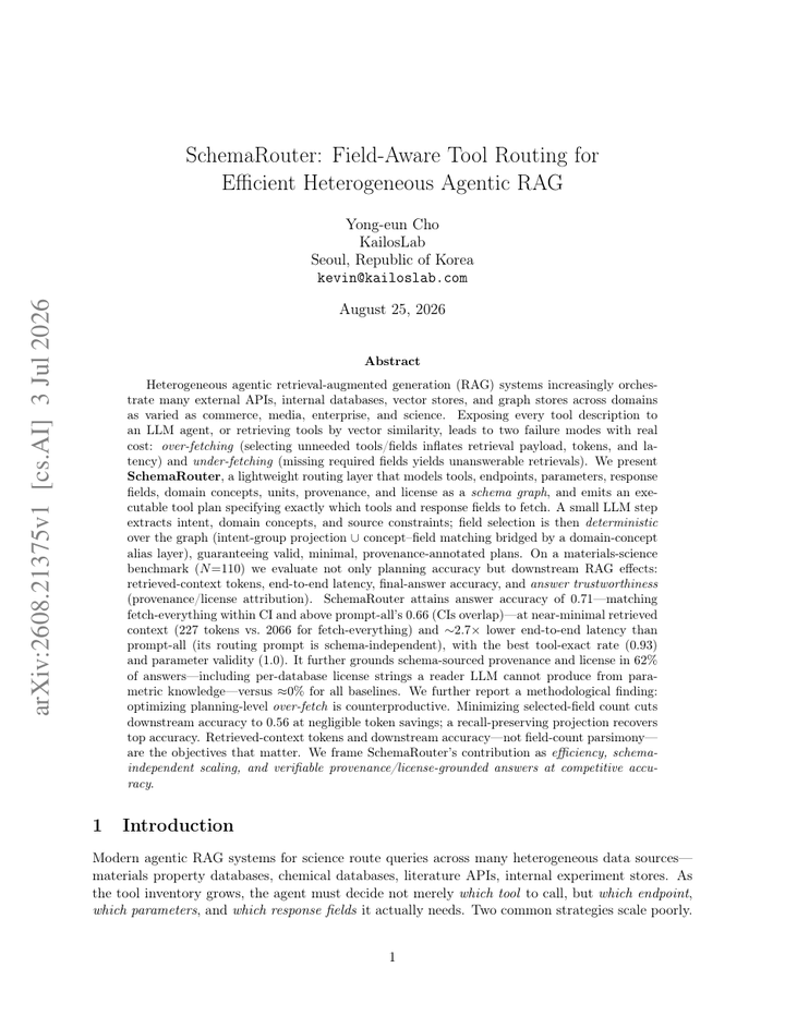 SchemaRouter: Field-Aware Tool Routing for Efficient Heterogeneous Agentic RAG