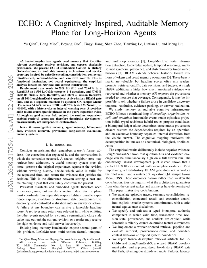 ECHO: Auditable Memory for Long-Horizon Agents
