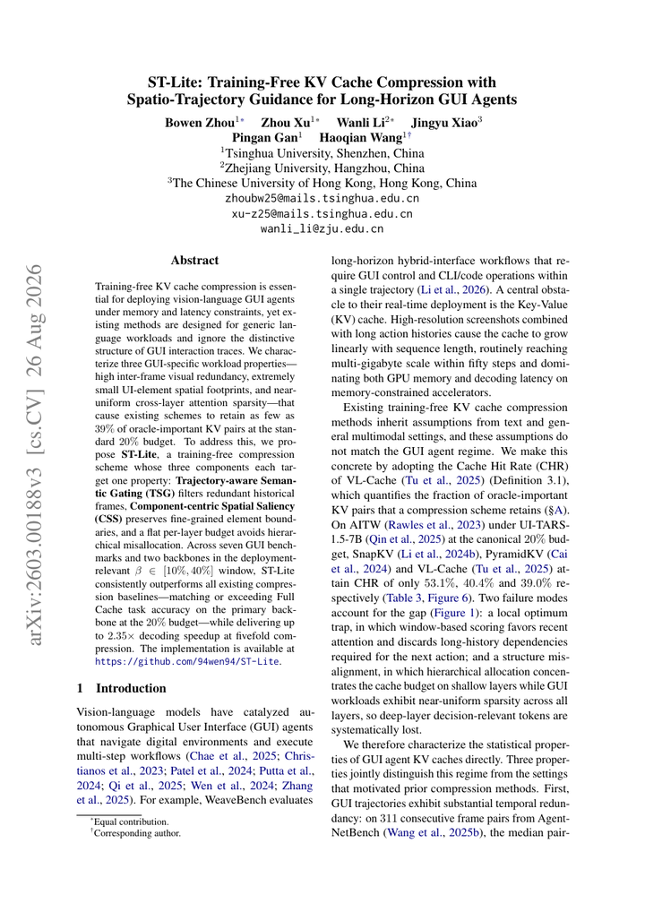 ST-Lite: Training-Free KV Cache Compression with Spatio-Trajectory Guidance for Long-Horizon GUI Agents