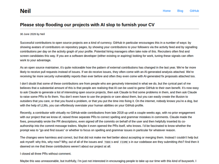 Please stop flooding our projects with AI slop to furnish your CV