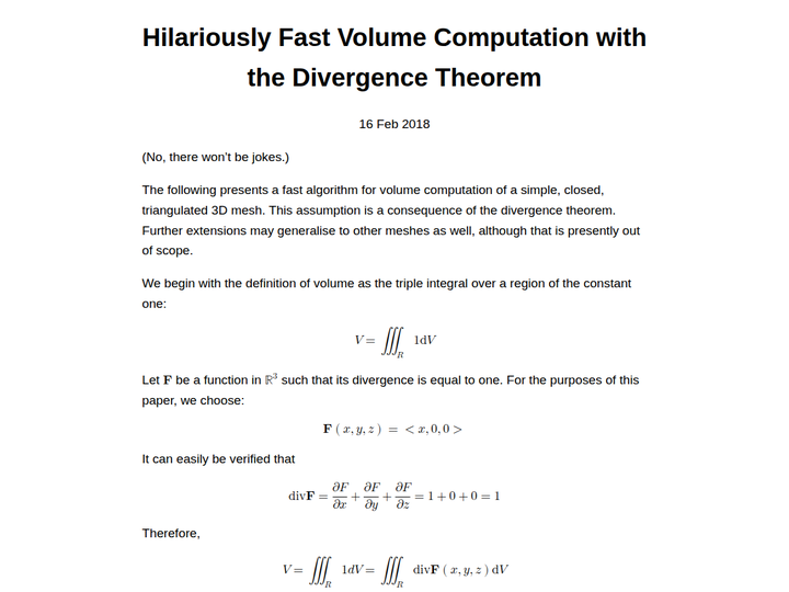 Hilariously Fast Volume Computation with the Divergence Theorem