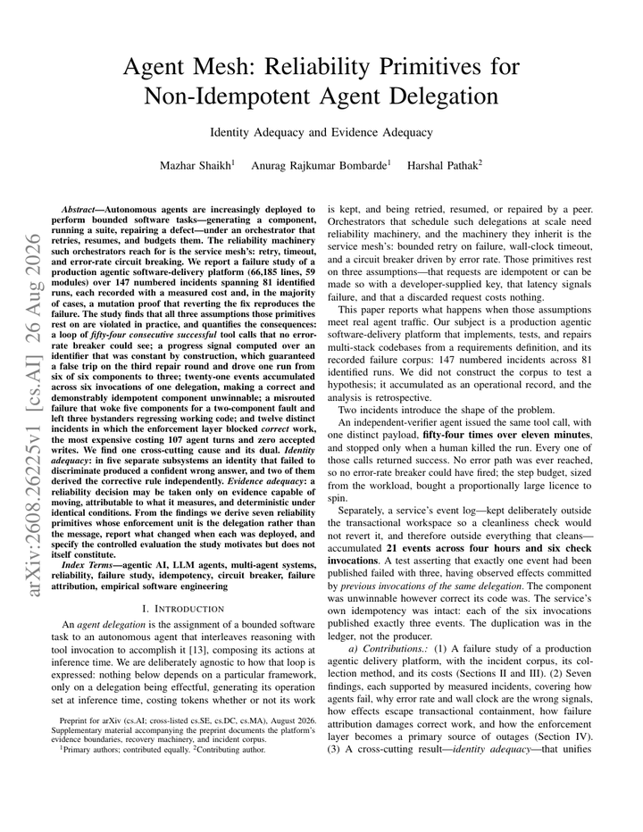 Agent Mesh: Reliability Primitives for Non-Idempotent Agent Delegation