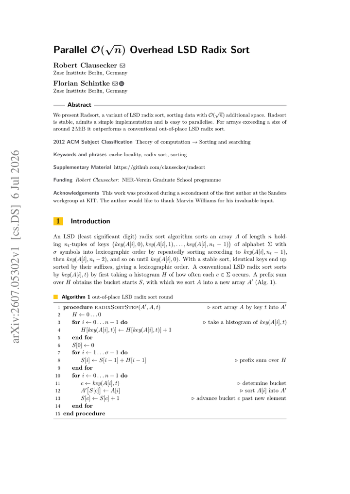 Parallel O(sqrt n) Overhead LSD Radix Sort