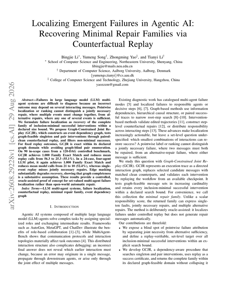 Localizing Emergent Failures in Agentic AI: Recovering Minimal Repair Families via Counterfactual Replay