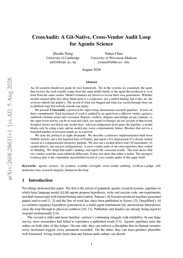 CrossAudit: A Git-Native, Cross-Vendor Audit Loop for Agentic Science