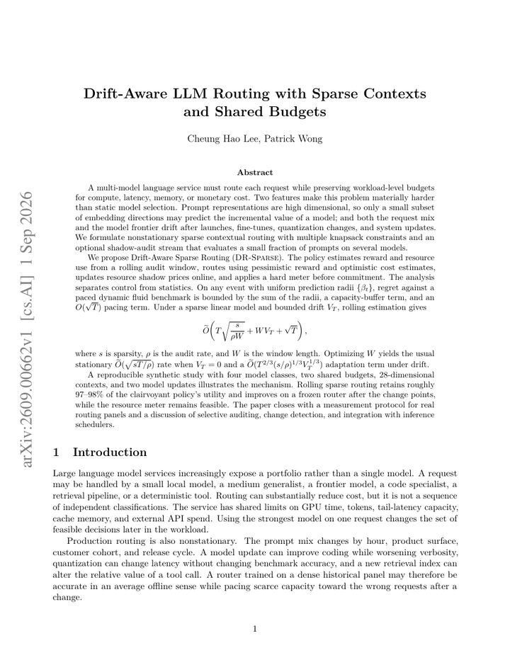 Drift-Aware LLM Routing with Sparse Contexts and Shared Budgets