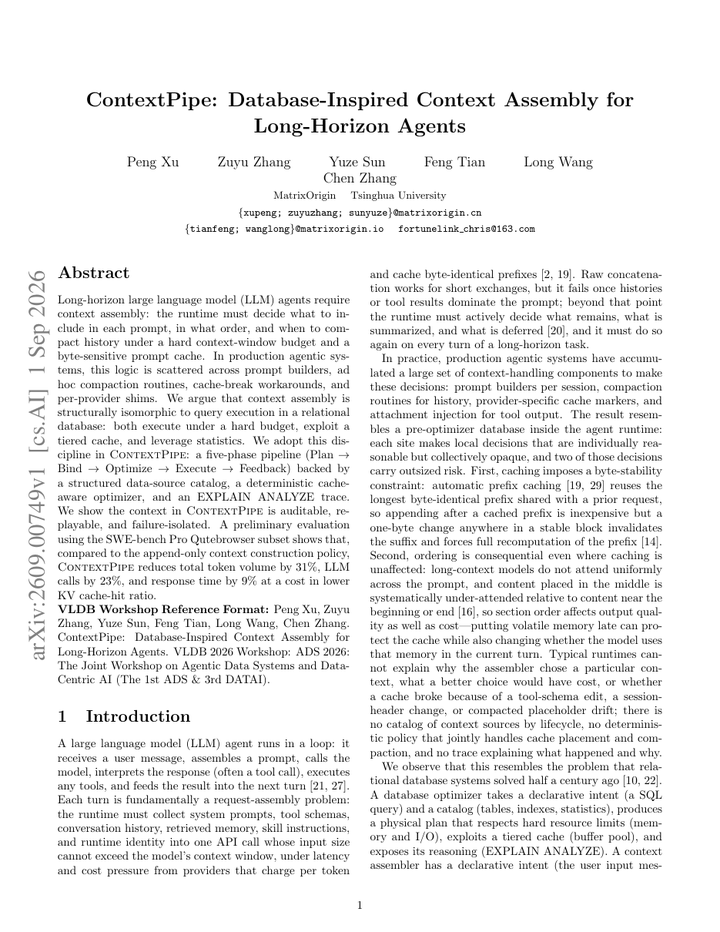 ContextPipe: Database-Inspired Context Assembly for Long-Horizon Agents