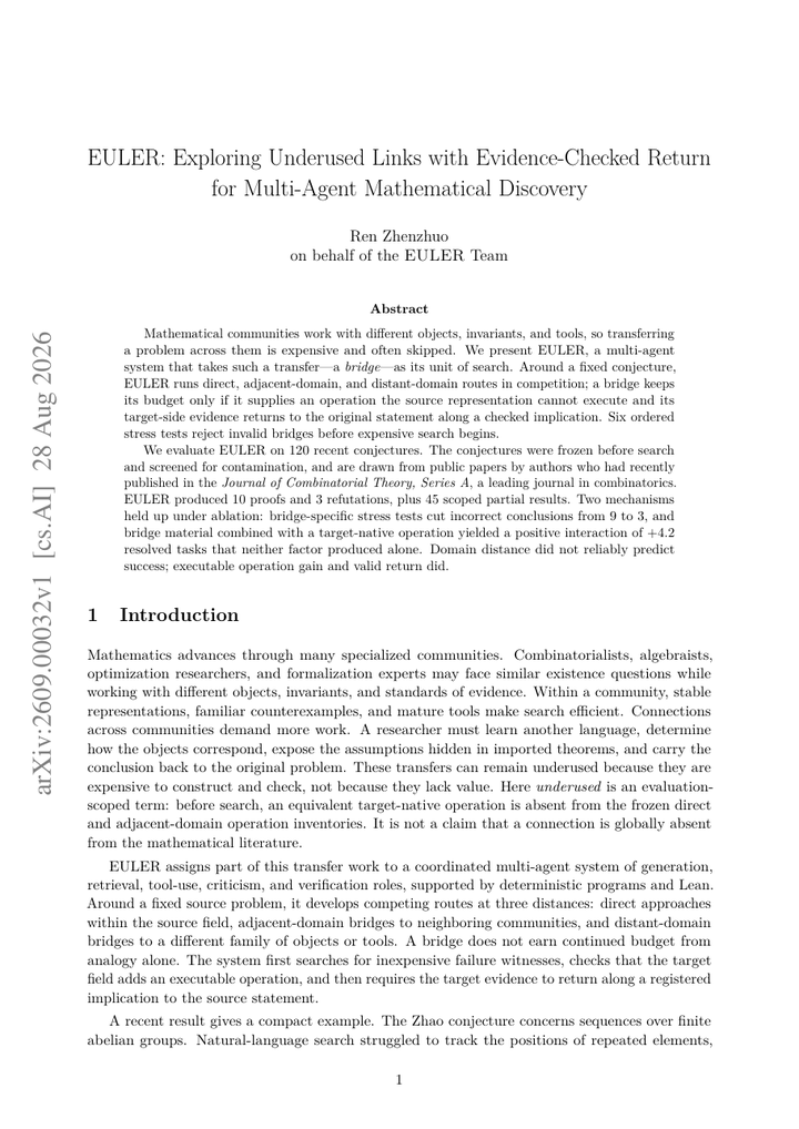 EULER: Exploring Underused Links with Evidence-Checked Return for Multi-Agent Mathematical Discovery