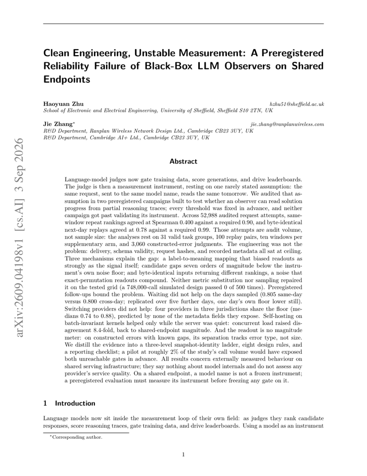 Clean Engineering, Unstable Measurement: A Preregistered Reliability Failure of Black-Box LLM Observers on Shared Endpoints