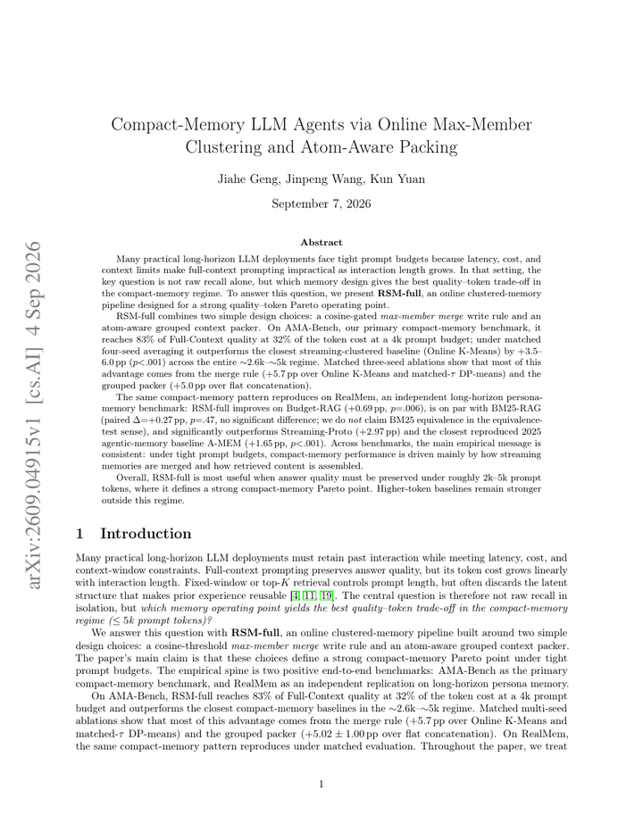 Compact-Memory LLM Agents via Online Max-Member Clustering and Atom-Aware Packing