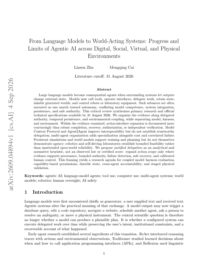 From Language Models to World-Acting Systems: Progress and Limits of Agentic AI across Digital, Social, Virtual, and Physical Environments