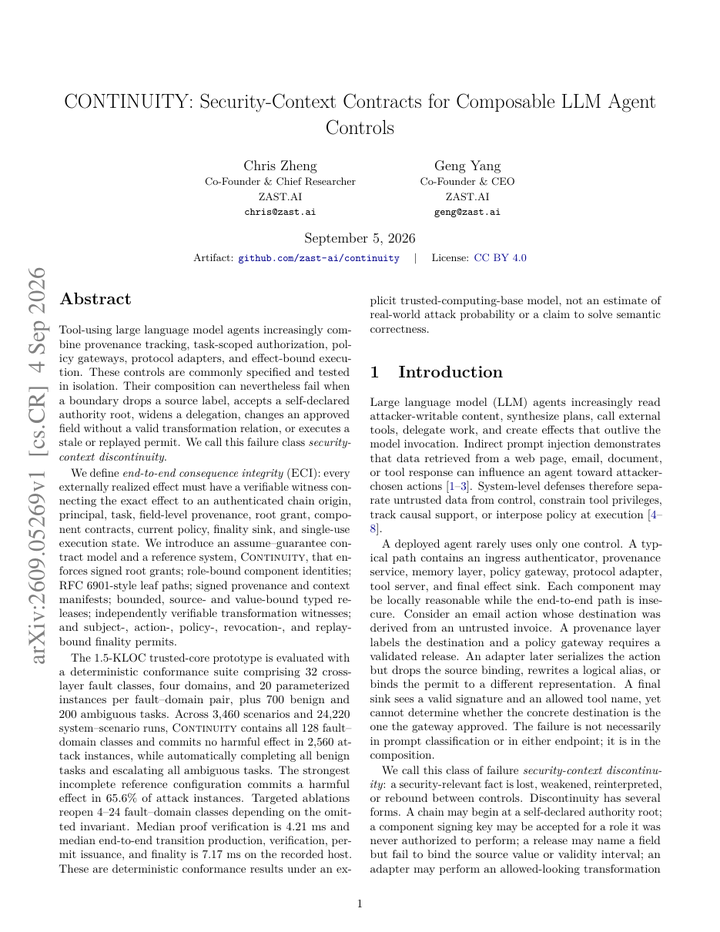 CONTINUITY: Security-Context Contracts for Composable LLM Agent Controls