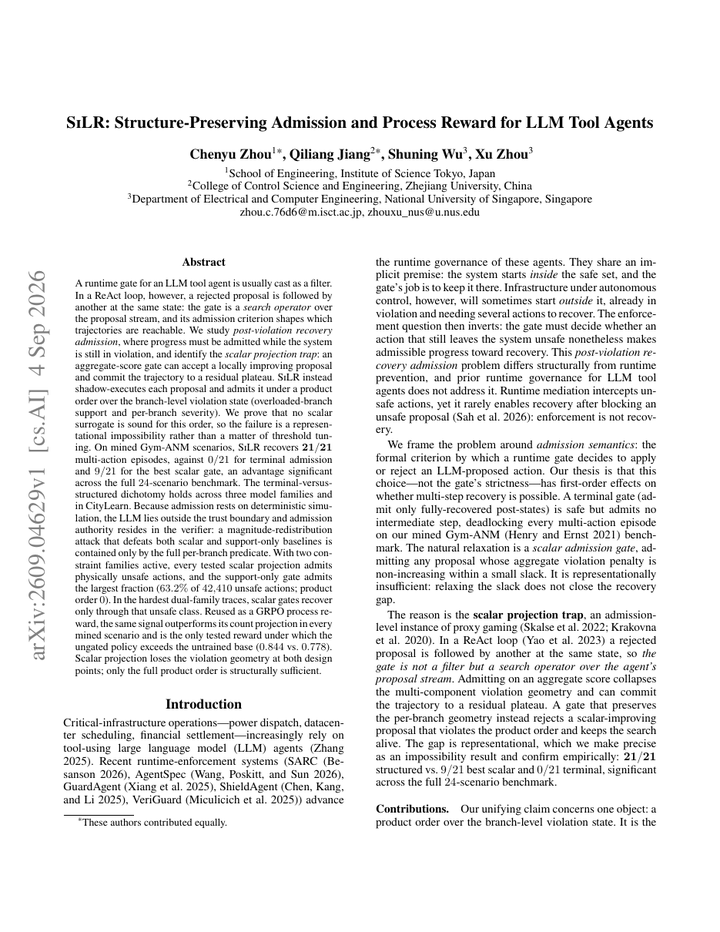 SiLR: Structure-Preserving Admission and Process Reward for LLM Tool Agents