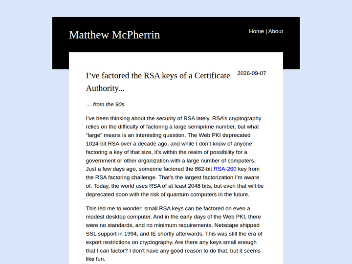 I've factored the RSA keys of a Certificate Authority from the 90s
