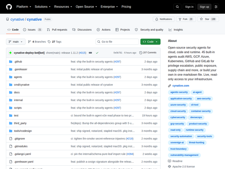 [Cynative](https://github.com/cynative/cynative) - Cynative 的 45 个内置安全 agent 可同时检查 AWS、GCP、Azure、Kubernetes、GitHub 和 GitLab，用户也能用单个 Markdown 文件定义自有检查。一次问题会在临时 sandbox 中生成并行查询代码，把发现交叉验证后追溯到原始 API；live、read-only 的访问模型限制了破坏面，却仍要求使用者理解跨系统证据。