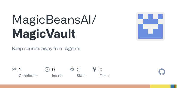 [MagicVault](https://github.com/MagicBeansAI/MagicVault) - MagicVault 让 agent 传递凭证引用而非秘密值，再由本地服务把密钥填入获批浏览器字段、HTTP 请求或新进程，并回送 receipt。每次交付默认需要人工 consent，记忆授权也必须绑定到精确用途和目标；当前仍是 macOS alpha，只有一台 Mac/Chrome 的有限流程通过，启动恢复、广泛取消和签名发布都未完成，适合先用合成凭证验证。