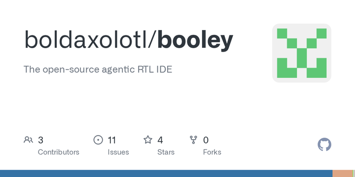 [Booley](https://github.com/boldaxolotl/booley) - Booley 将 RTL、EDA Flow、agent、日志和波形放入一个 Docker 固定的 VS Code workspace，并用 FuseSoC 把 simulation/lint/synthesis/FPGA 的接口稳定下来。Agent 的命令都在受限挂载和网络的容器内运行，`bwave` 可以直接查询真实 trace 的握手次数或信号值；Ticket Mode 还把覆盖率、PPA、mutation testing 和验收条件纳入 review，而不是只看生成的 RTL。