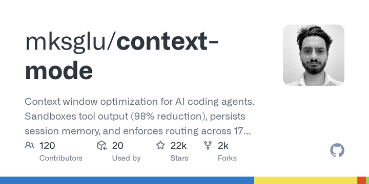 [context-mode](https://github.com/mksglu/context-mode) - Context Mode 把 MCP 原始输出放进 sandbox，用 SQLite 记录文件编辑、Git 操作、错误和用户决策，再以 FTS5/BM25 在压缩后按需取回。README 的基准是 315 KB 变 5.4 KB、98% reduction，并要求 agent 用脚本计算而不是把 50 个文件全部读进上下文；它把上下文预算当作系统资源来管理，而非单纯换更大窗口。