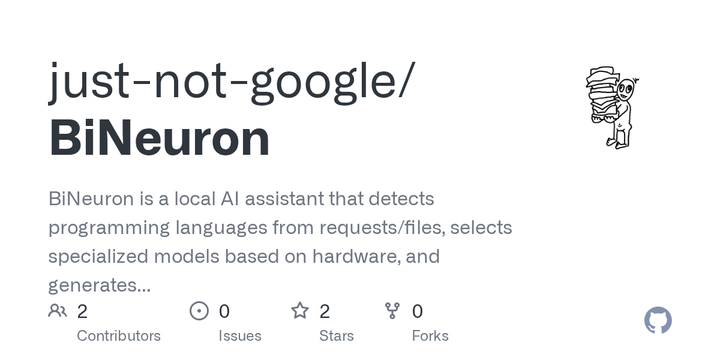 [BiNeuron](https://github.com/just-not-google/BiNeuron) - BiNeuron 将语言识别、文件抽取、模型选择和代码生成串成一个可离线的桌面工作流：它能识别超过 25 种语言，解析 PDF/DOCX/PPTX/ODF，并用 DeepSeek OCR 或 EasyOCR 读取图像。文件修改不是让主模型直接写磁盘，而是由轻量模型把完整上下文整理成绝对路径加全文件内容的 JSON，再经过校验和重试；这种设计牺牲了细粒度 patch，换取了可回滚的整文件边界。