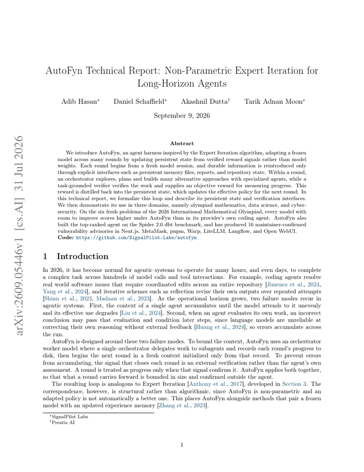AutoFyn Technical Report: Non-Parametric Expert Iteration for Long-Horizon Agents