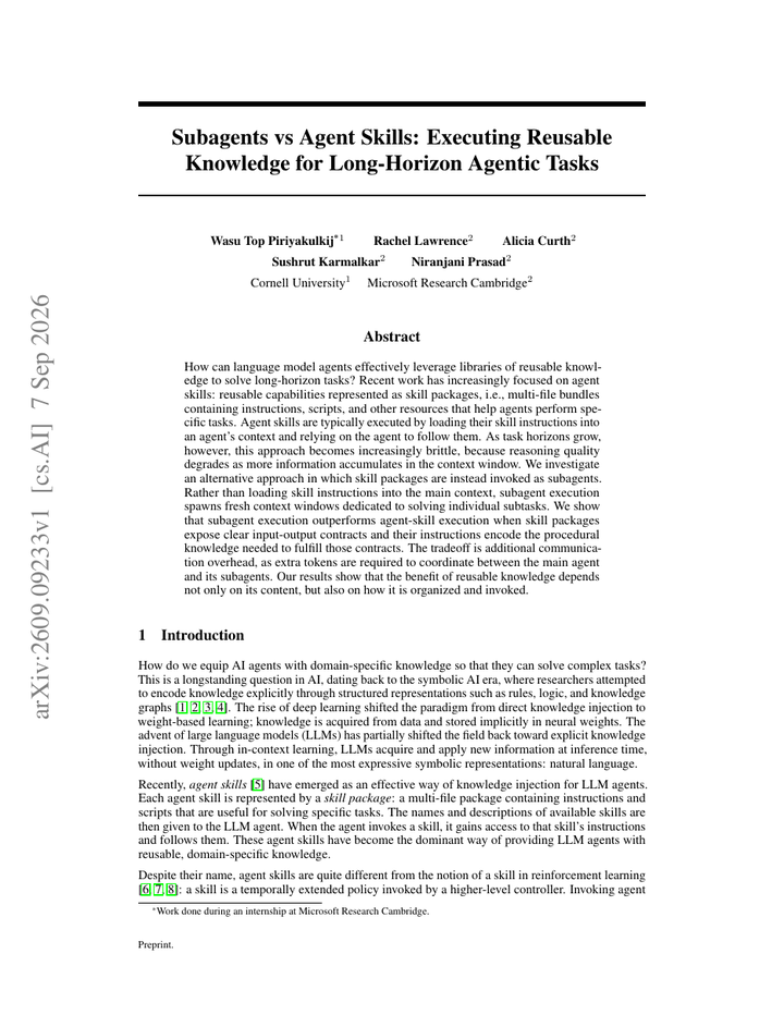 Subagents vs Agent Skills: Executing Reusable Knowledge for Long-Horizon Agentic Tasks