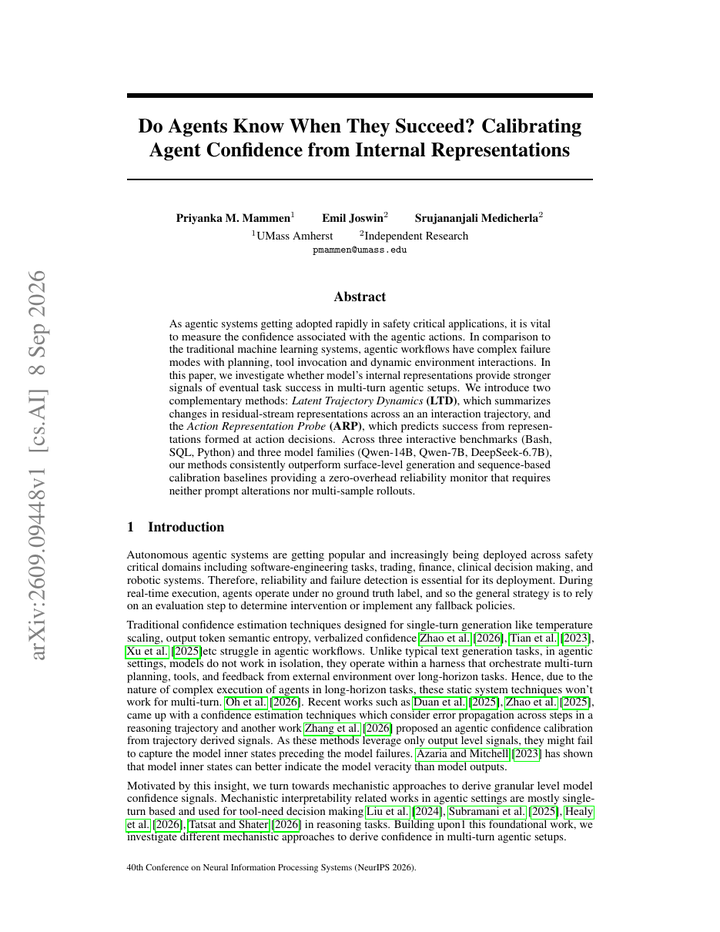 Do Agents Know When They Succeed? Calibrating Agent Confidence from Internal Representations