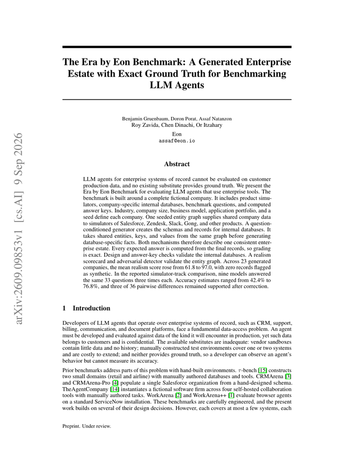 The Era by Eon Benchmark: A Generated Enterprise Estate with Exact Ground Truth for Benchmarking LLM Agents