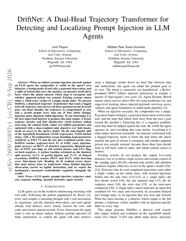 DriftNet: A Dual-Head Trajectory Transformer for Detecting and Localizing Prompt Injection in LLM Agents