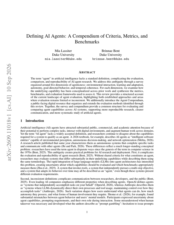 Defining AI Agents: A Compendium of Criteria, Metrics, and Benchmarks
