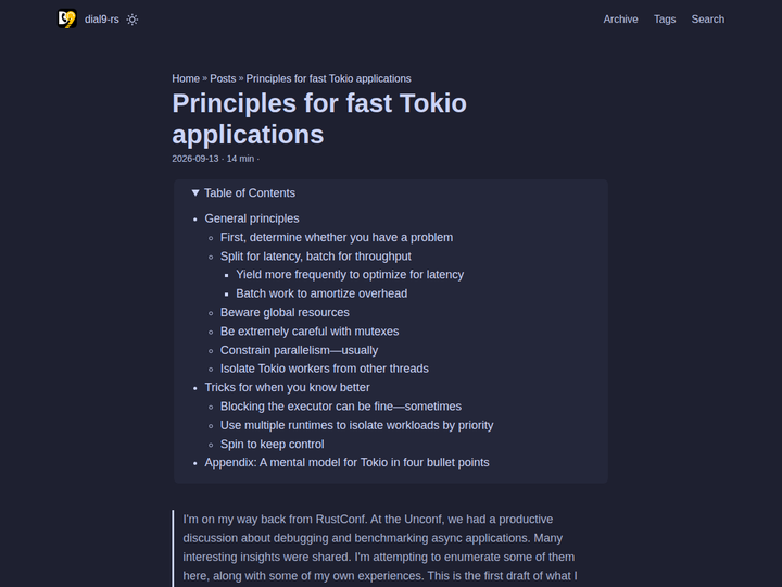 Principles for fast Tokio applications