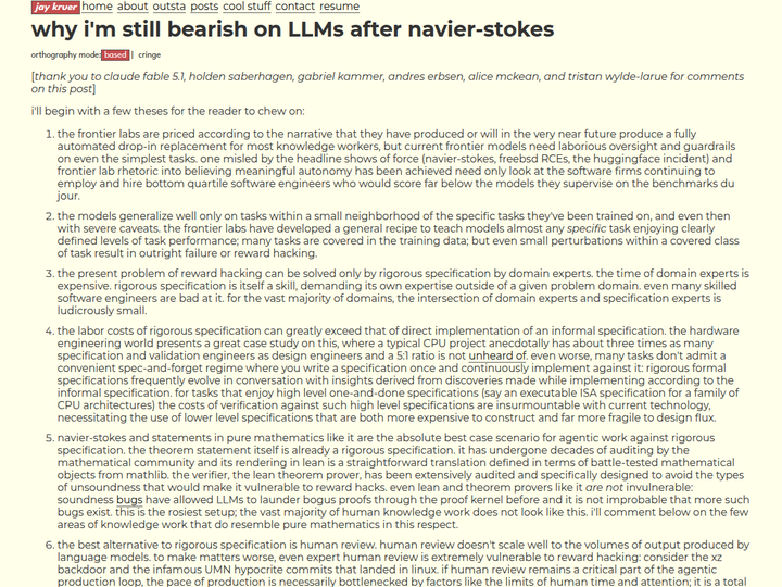 Why I'm still bearish on LLMs after Navier-Stokes