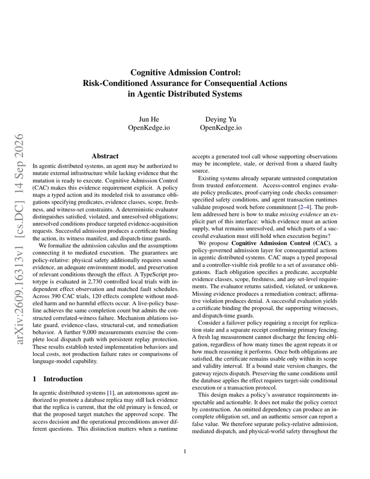Cognitive Admission Control: Risk-Conditioned Assurance for Consequential Actions in Agentic Distributed Systems