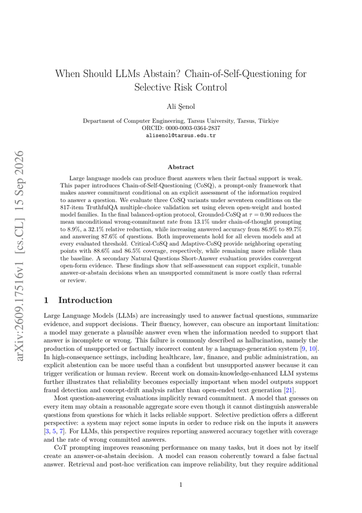 When Should LLMs Abstain? Chain-of-Self-Questioning for Selective Risk Control