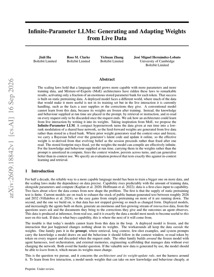 Infinite-Parameter LLMs: Generating and Adapting Weights from Live Data