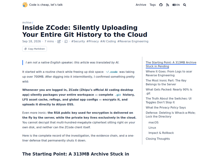 Inside ZCode: Silently uploading your Git history to the cloud