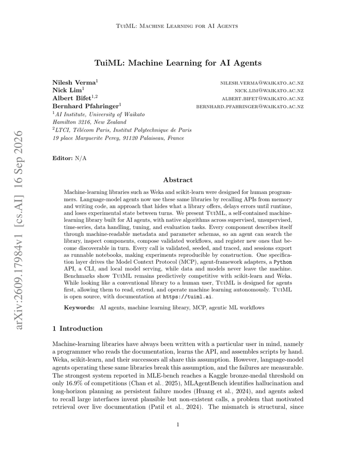 TuiML: Machine Learning for AI Agents