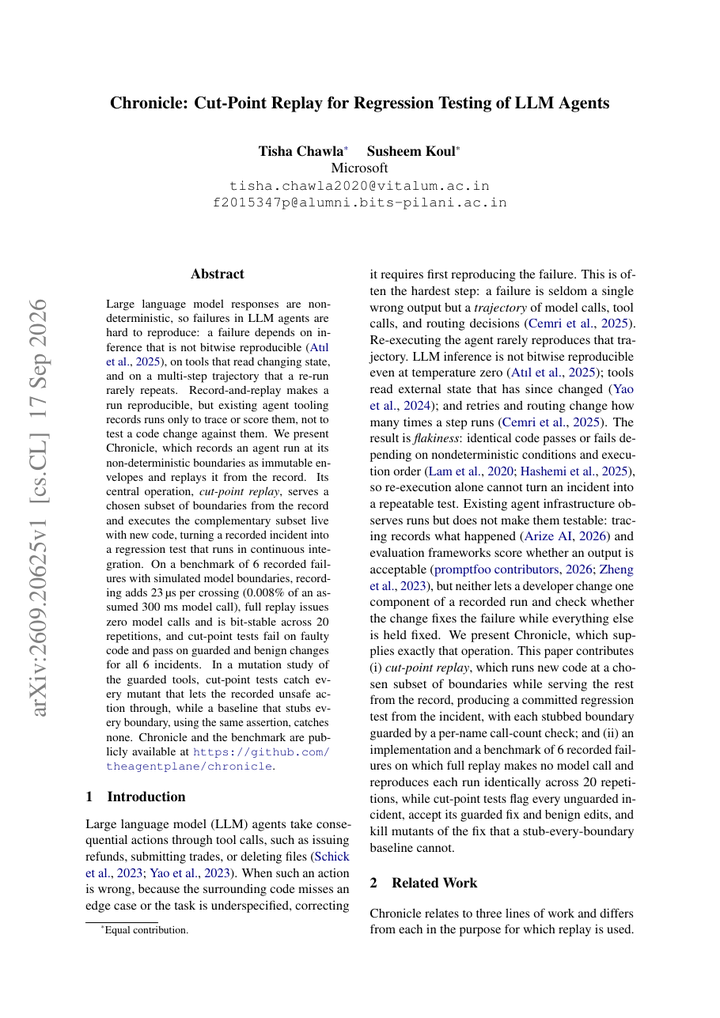 Chronicle: Cut-Point Replay for Regression Testing of LLM Agents