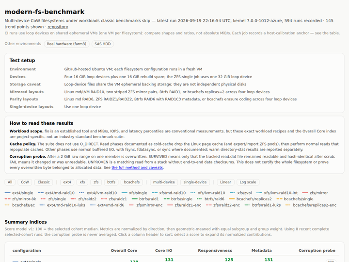 Btrfs/ZFS/bcachefs under workloads classic benchmarks skip