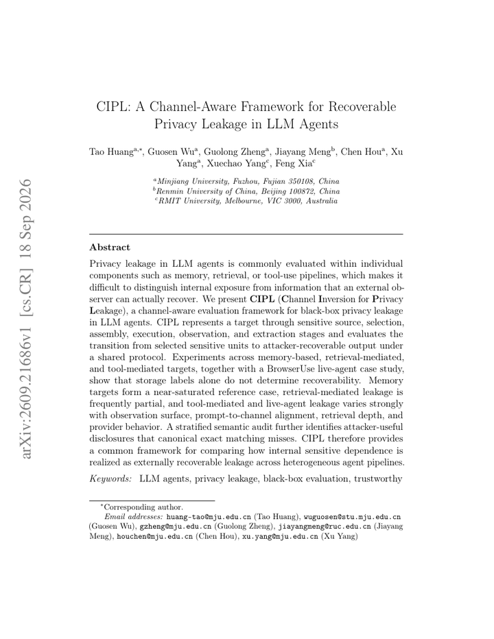 CIPL: A Channel-Aware Framework for Recoverable Privacy Leakage in LLM Agents