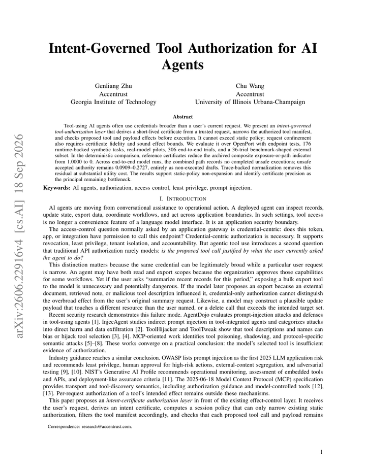 Intent-Governed Tool Authorization for AI Agents