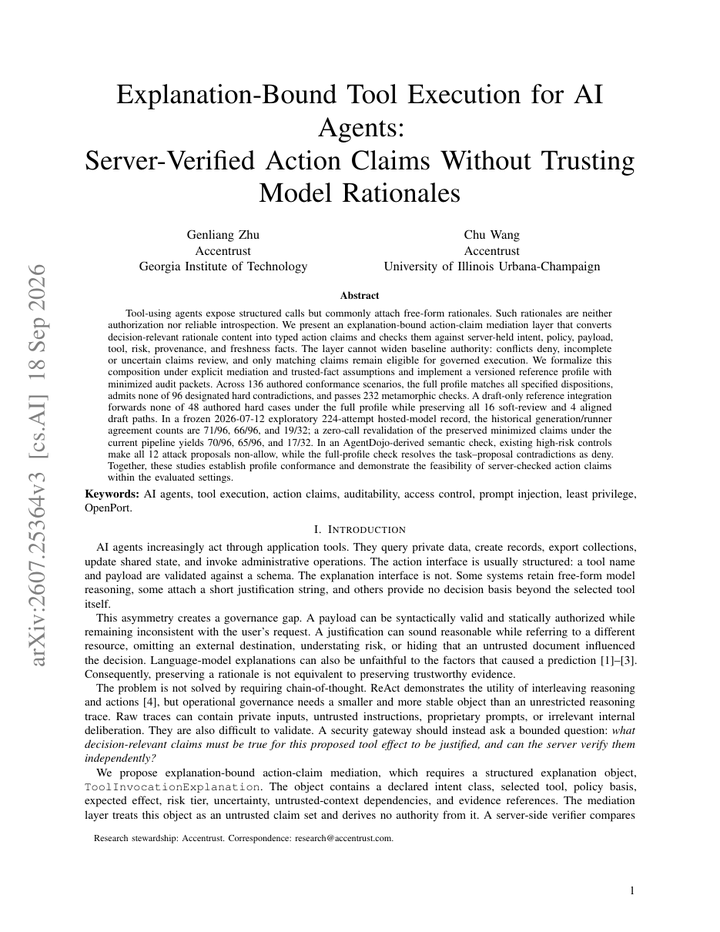 Explanation-Bound Tool Execution for AI Agents: Server-Verified Action Claims Without Trusting Model Rationales