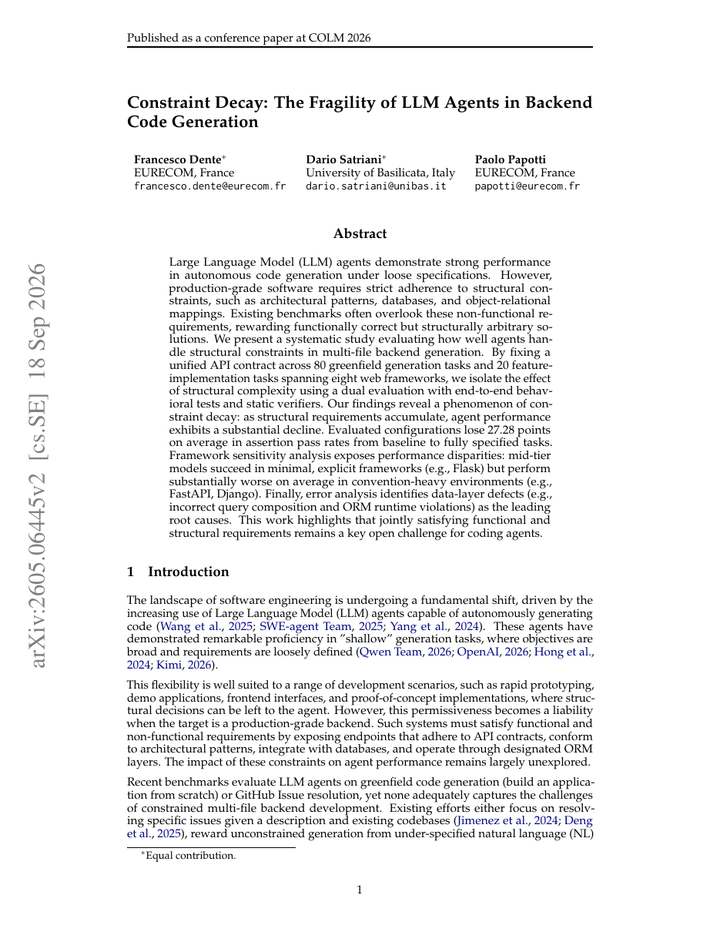 Constraint Decay: The Fragility of LLM Agents in Backend Code Generation