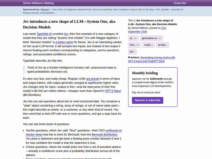 Jev introduces a new shape of LLM - System One, aka Decision Models