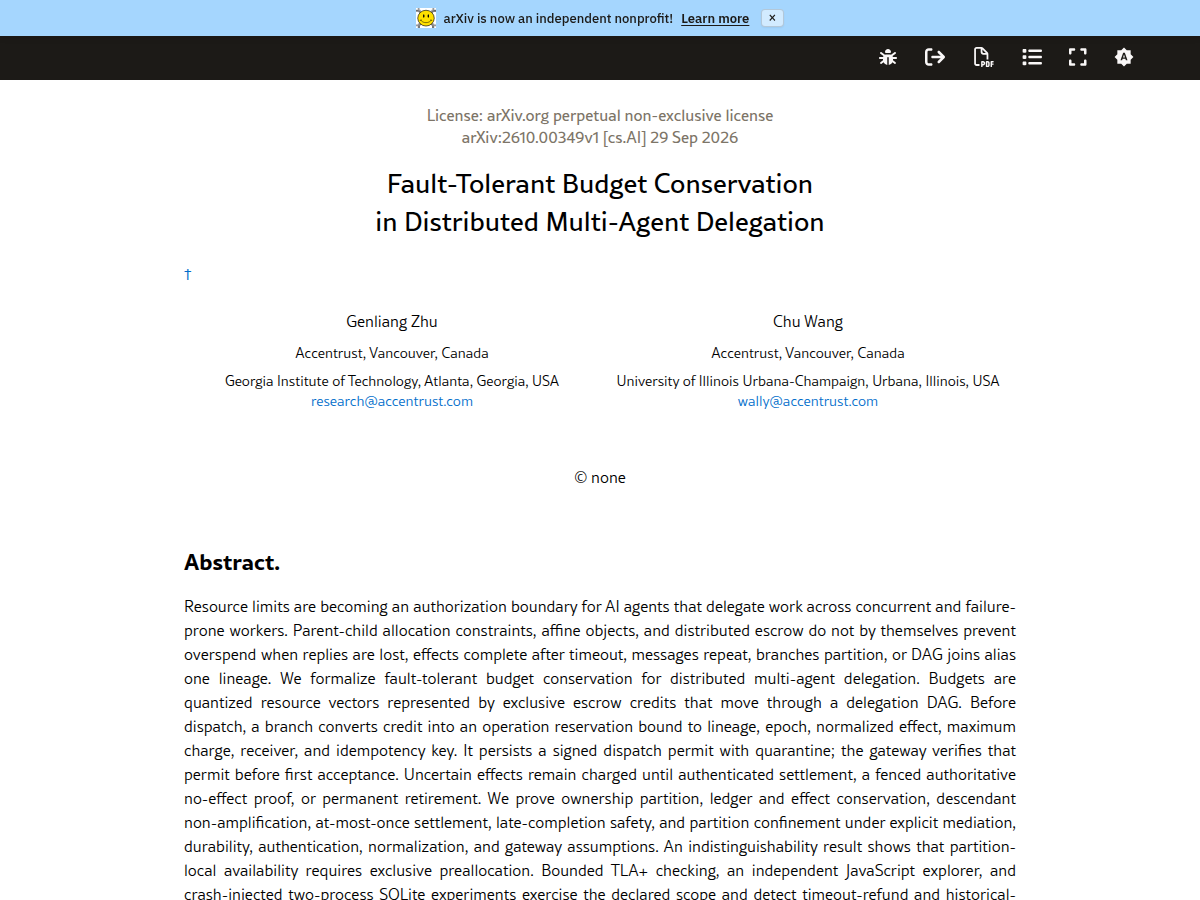 Fault-Tolerant Budget Conservation in Distributed Multi-Agent Delegation